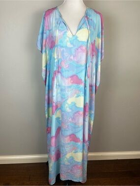 Buddy Love Maxi Caftan Dress S/M Blue Pink Abstract Boho Resort Cover Up